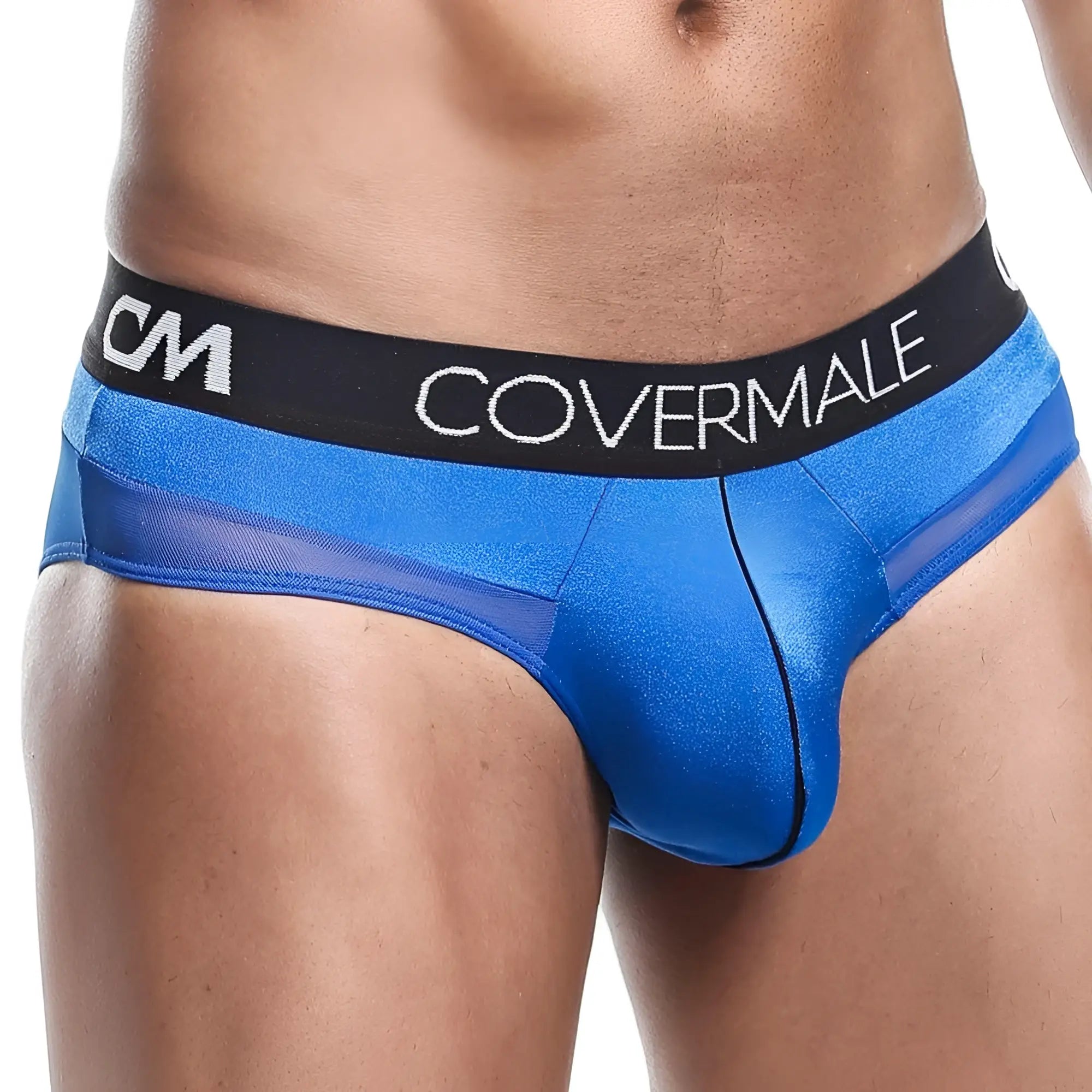 Blue shimmering cover male cmj025 men’s briefs with black waistband and white brand name lettering