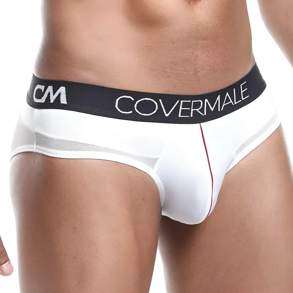 White cover male cmj025 men’s briefs with black elastic waistband and thin red center seam for comfortable wear