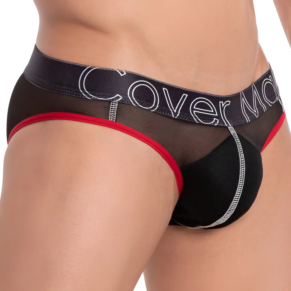 Black mesh cover male cmj027 bikini briefs with red trim and white cover m logo on waistband