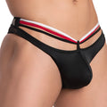 Black sheer mesh thong with bold red and white striped waistband from cover male cmj030 bikini brief collection