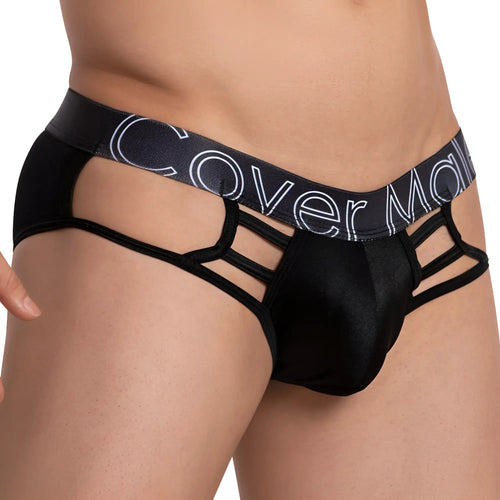 Black lace-trimmed men’s briefs with bold cover m logo on waistband from cover male sleepless brief collection