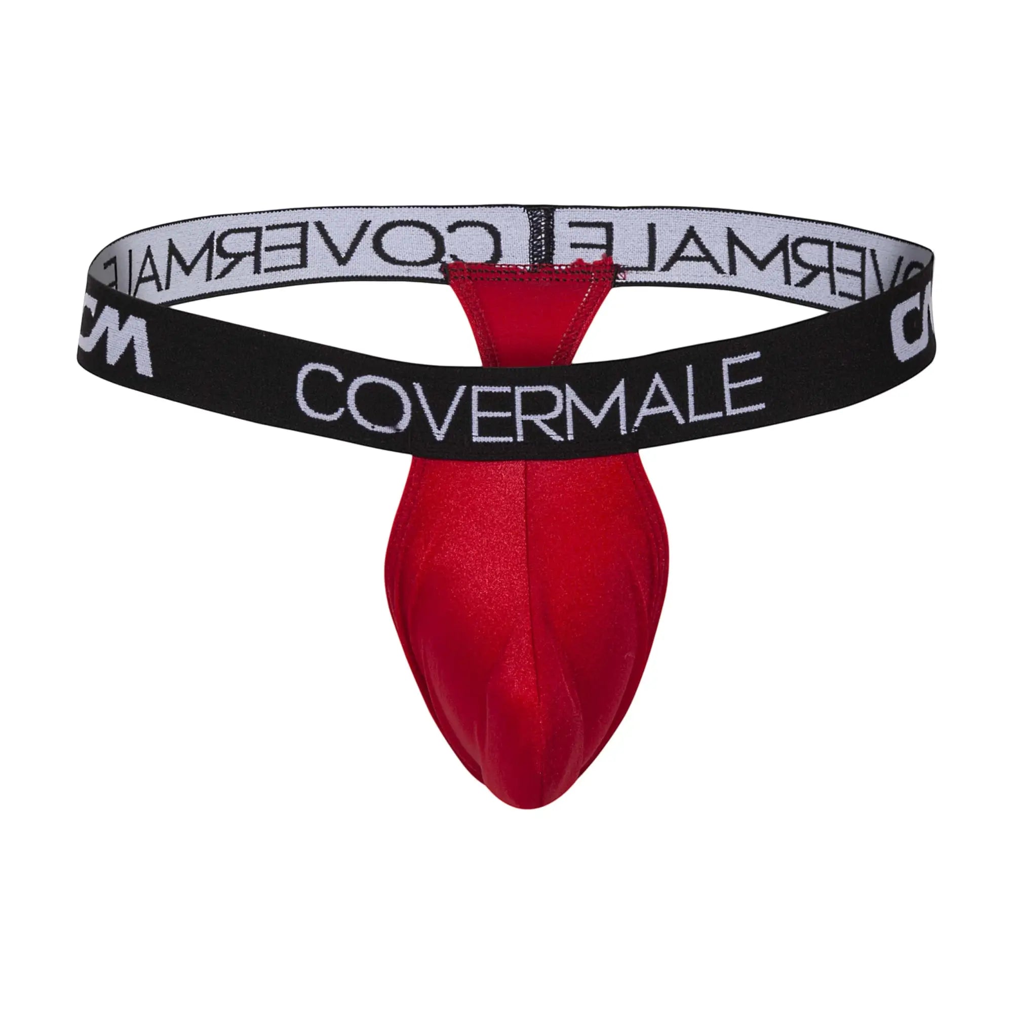 Red satin cover male cmk018 thong with tie-front and black and white branded waistband front view