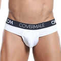 White cover male cmk019 slip thong briefs with black waistband and covermale brand name in white lettering