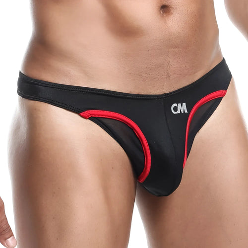 Black and red Cover Male CMK036 thong with mesh detailing showing front design and branded waistband