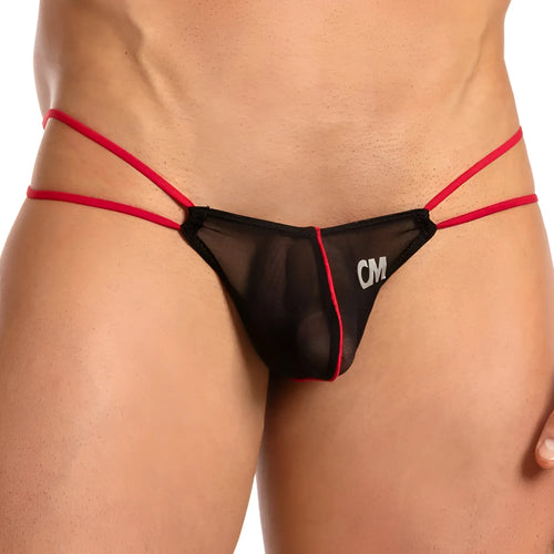 Cover Male CMK047 thong black mesh with red trim adjustable straps and cm logo on front for men’s underwear