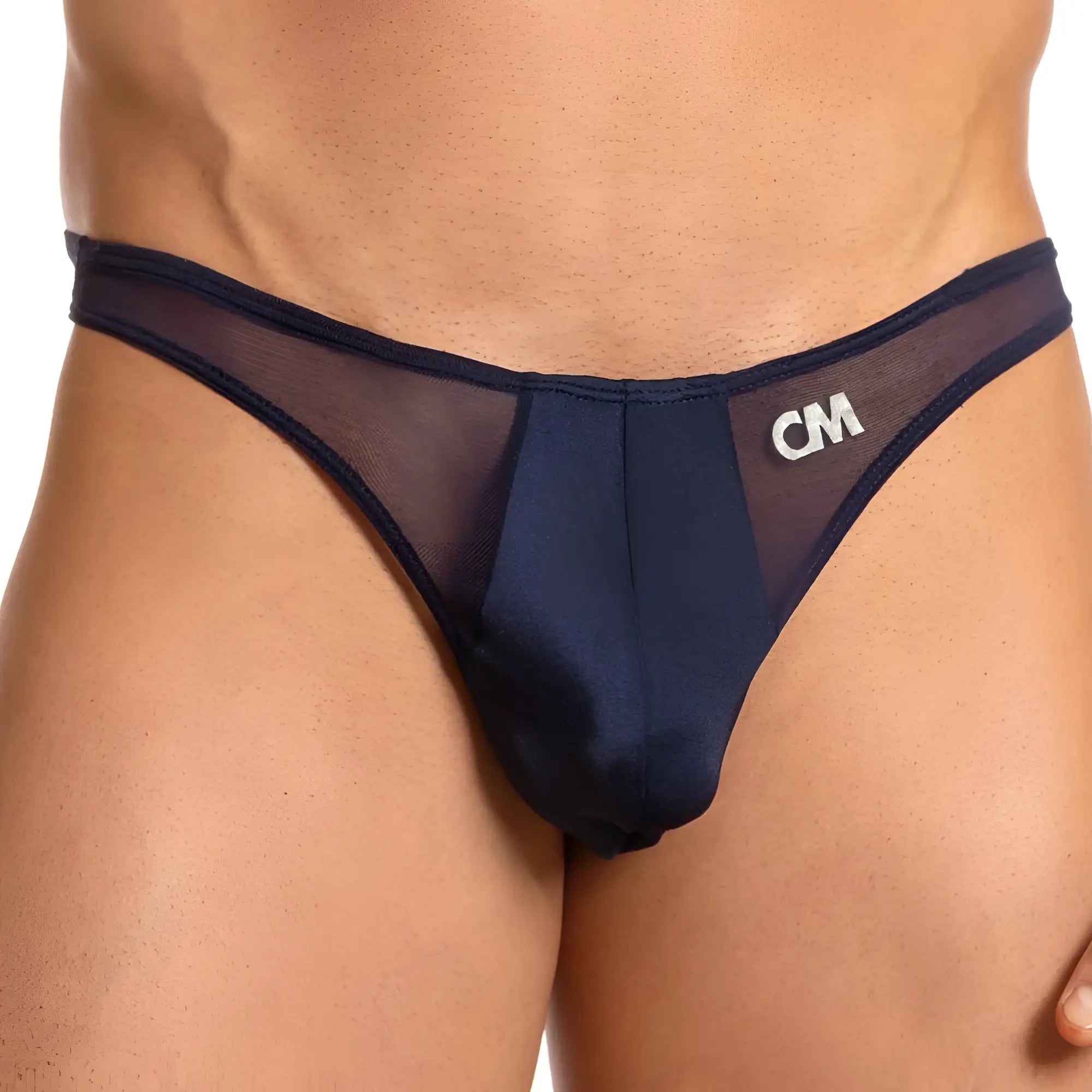 Navy blue Cover Male CMK048 thong with sheer mesh fabric, solid front panel, and white cm logo on the side