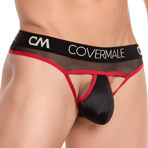 Black and red sheer mesh thong with satin pouch and covermale logo on waistband cover male cmk053 thong