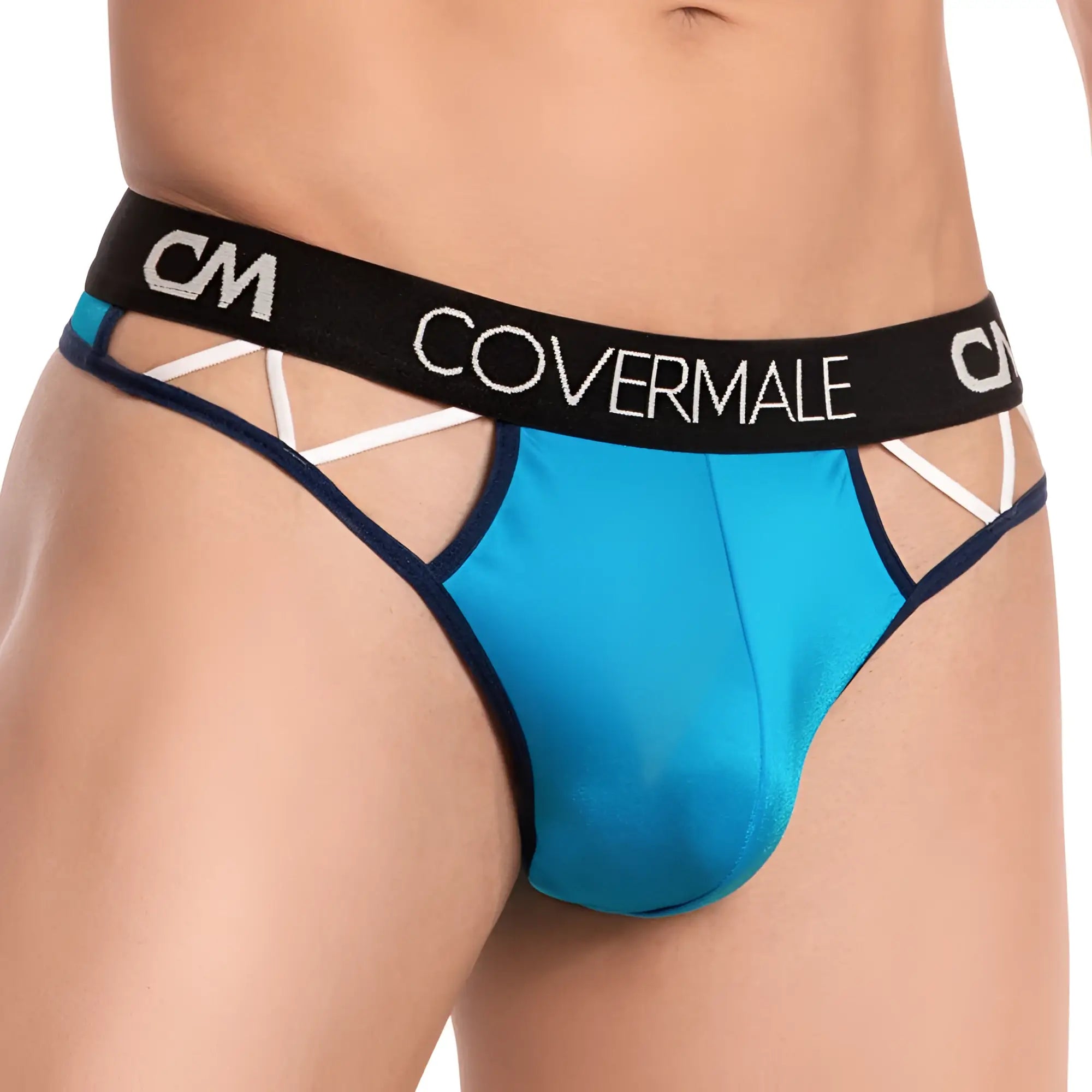 Bright blue satin Cover Male CMK054 thong with black elastic waistband and white logo and decorative white straps