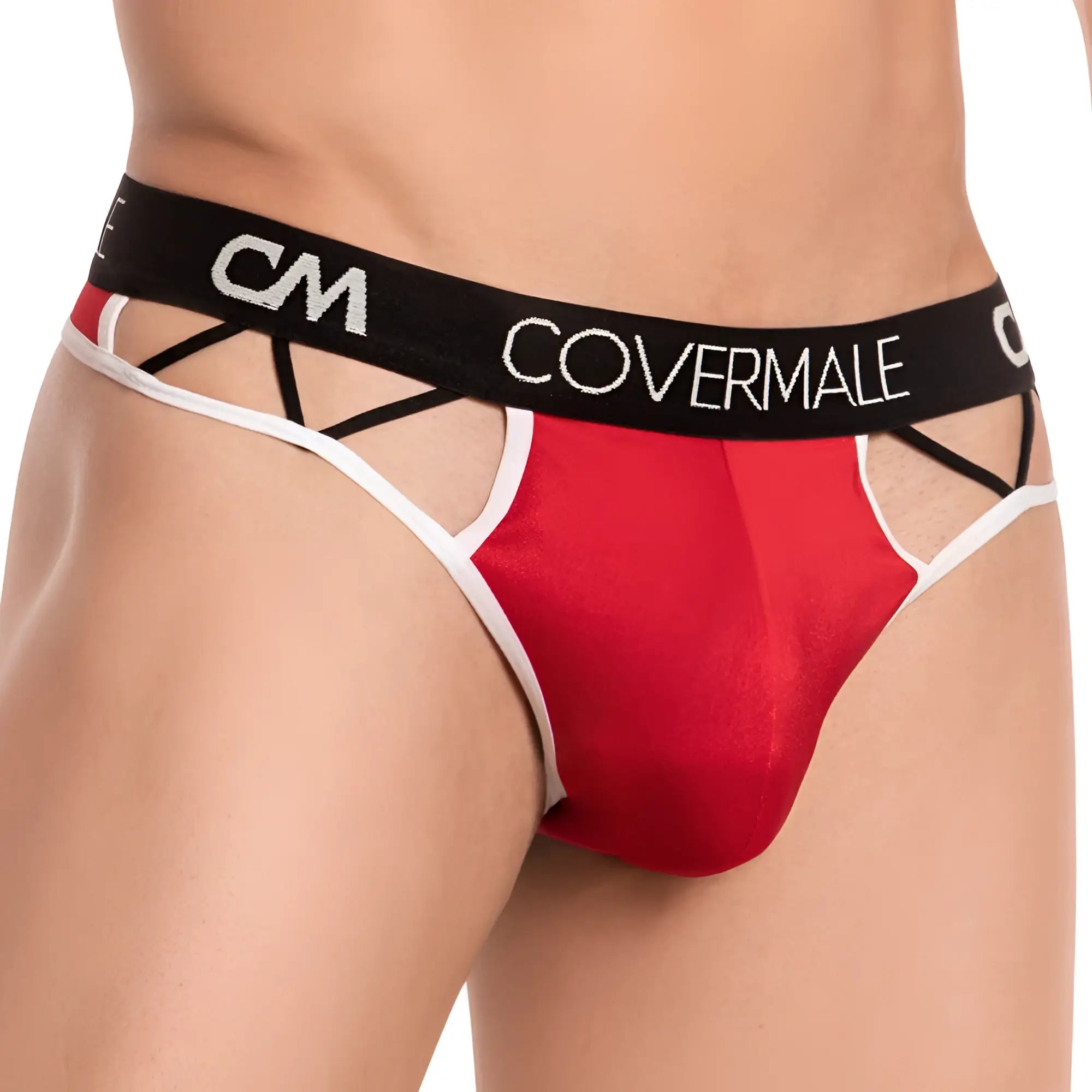 Cover male cmk054 thong red and white lace trimmed men’s briefs with black elastic waistband and covermale branding