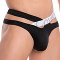 Black men’s thong with white elastic waistband featuring cover logo in black from cover male cmk055 star flower thong