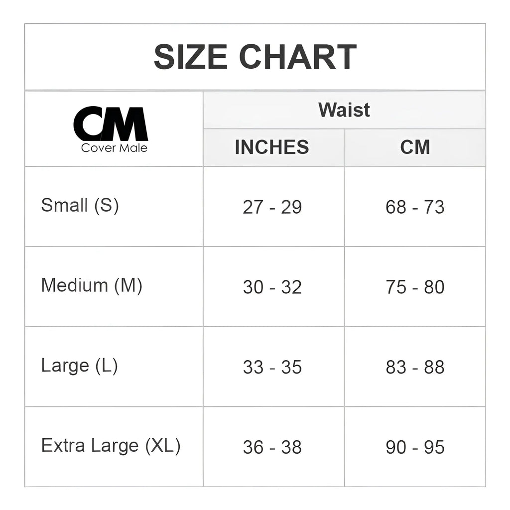 Cover male cmk055 star flower thong size chart with waist measurements in inches and centimeters for men’s clothing