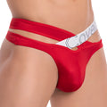 Red shiny fabric thong with white elastic waistband featuring cover logo from Cover Male CMK055 Star Flower Thong collection