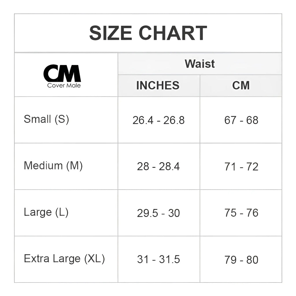 Cover male cmk058 left side thong size chart showing waist measurements in inches and centimeters for small to xl sizes