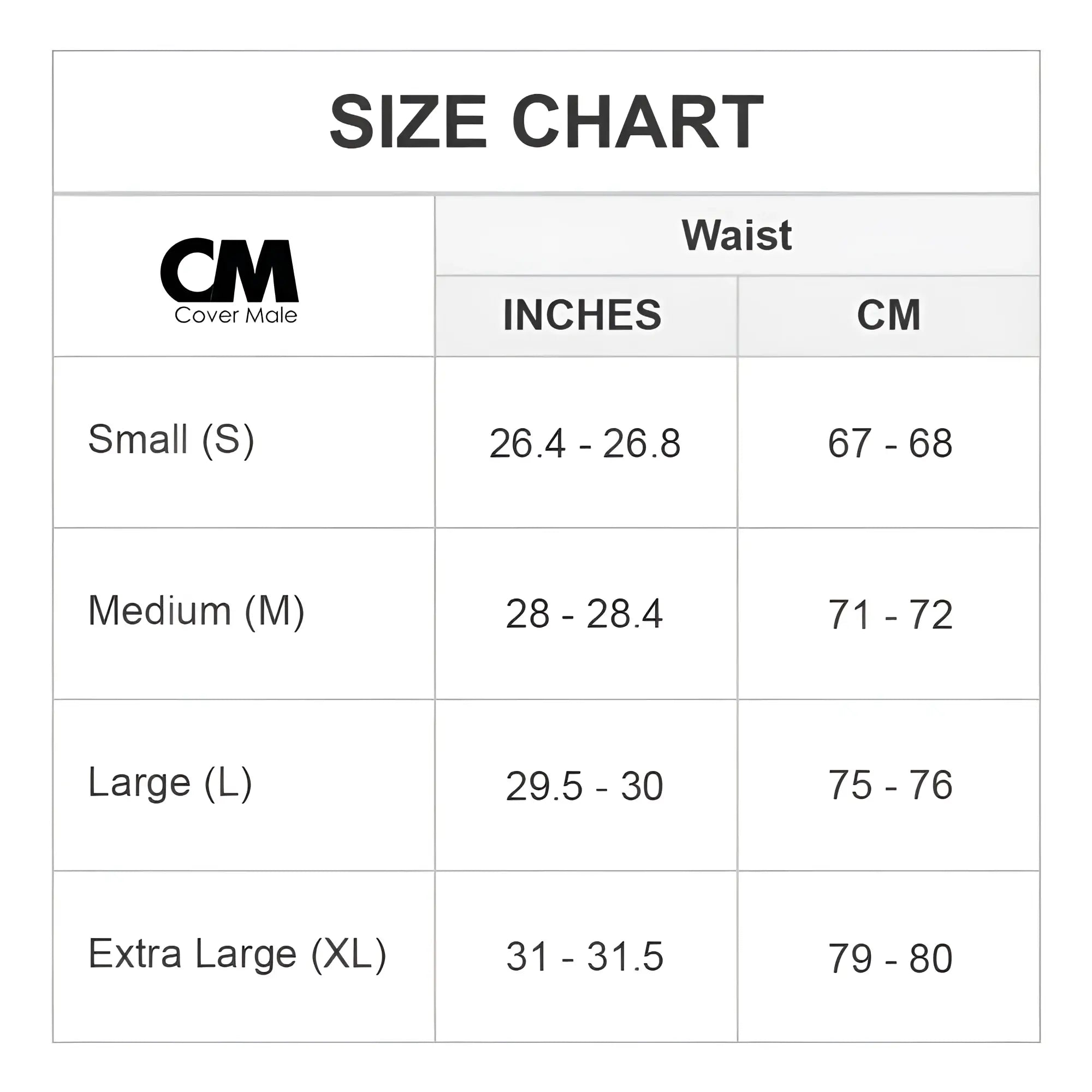 Cover male cmk062 all over me thong size chart showing waist measurements in inches and centimeters for small to xl