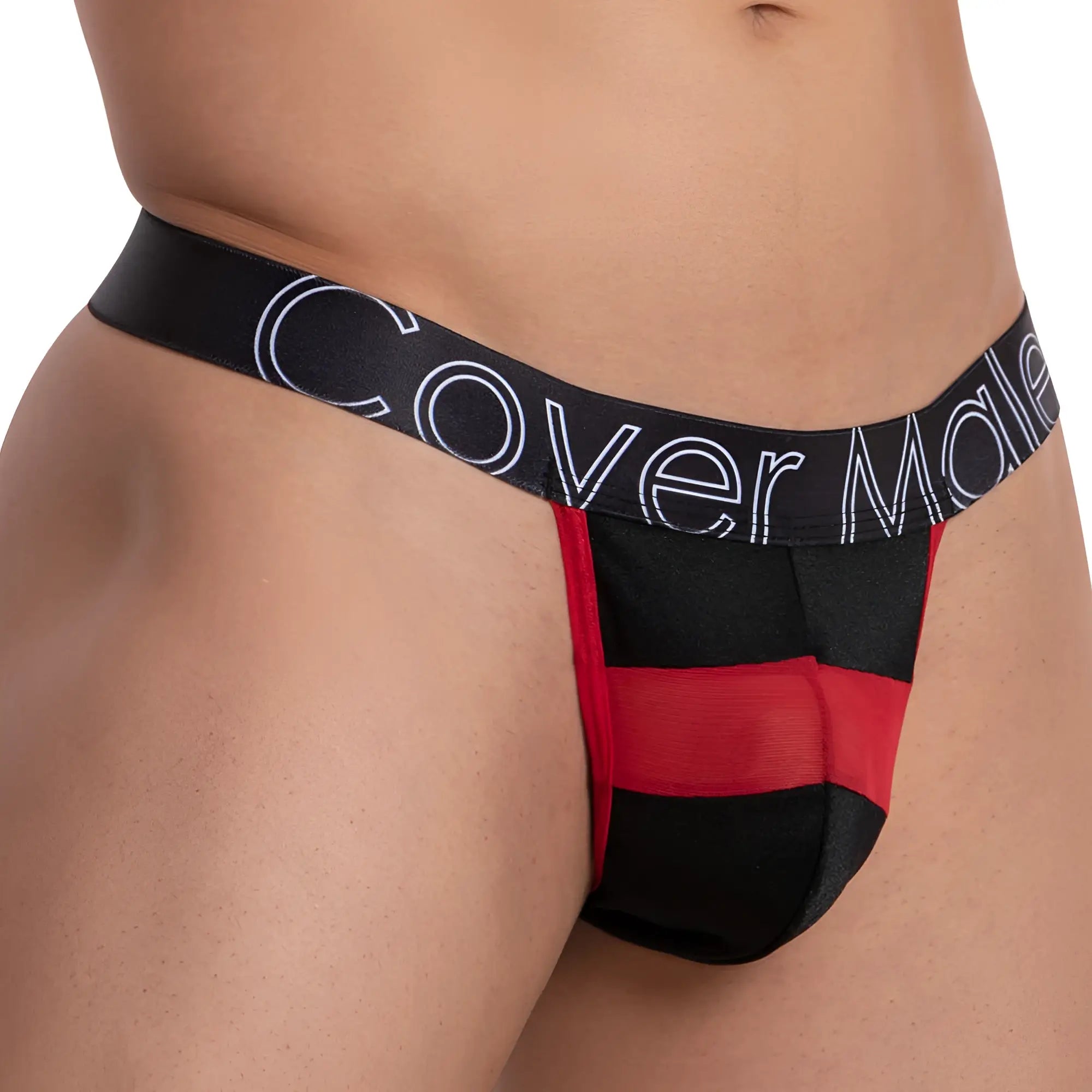 Black and red cover male cmk065 focus thong with bold horizontal stripe and white logo on waistband