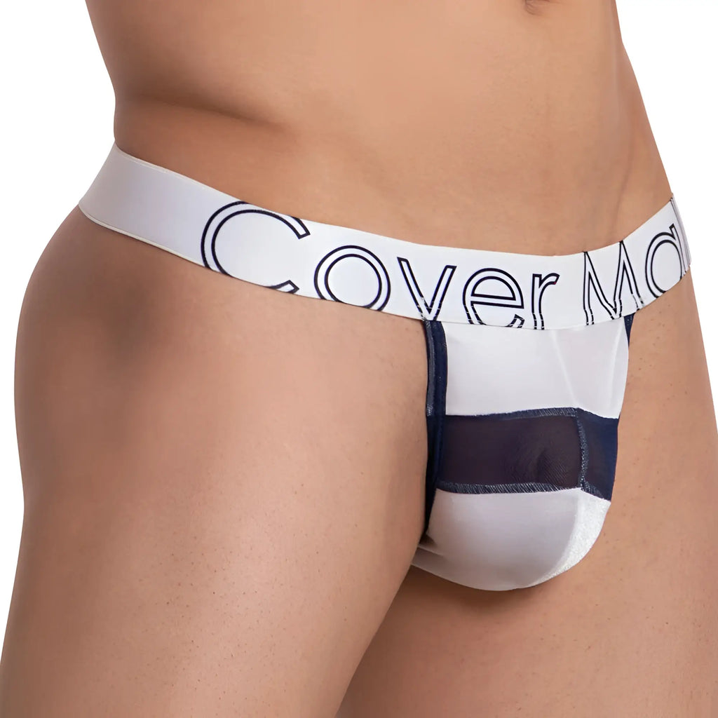 White and navy blue sheer men’s briefs with bold cover me logo on waistband from cover male cmk065 focus thong