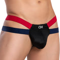 Cover Male CMK068 thong black form-fitting men’s underwear with red and navy blue elastic straps front view