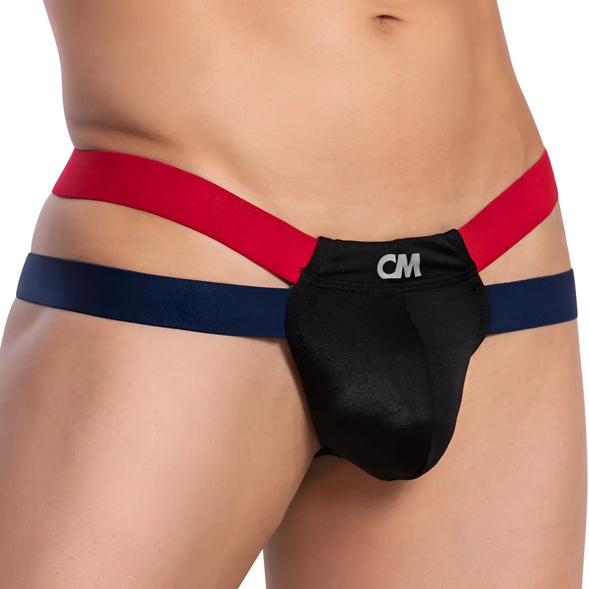 Cover Male CMK068 thong black form-fitting men’s underwear with red and navy blue elastic straps front view