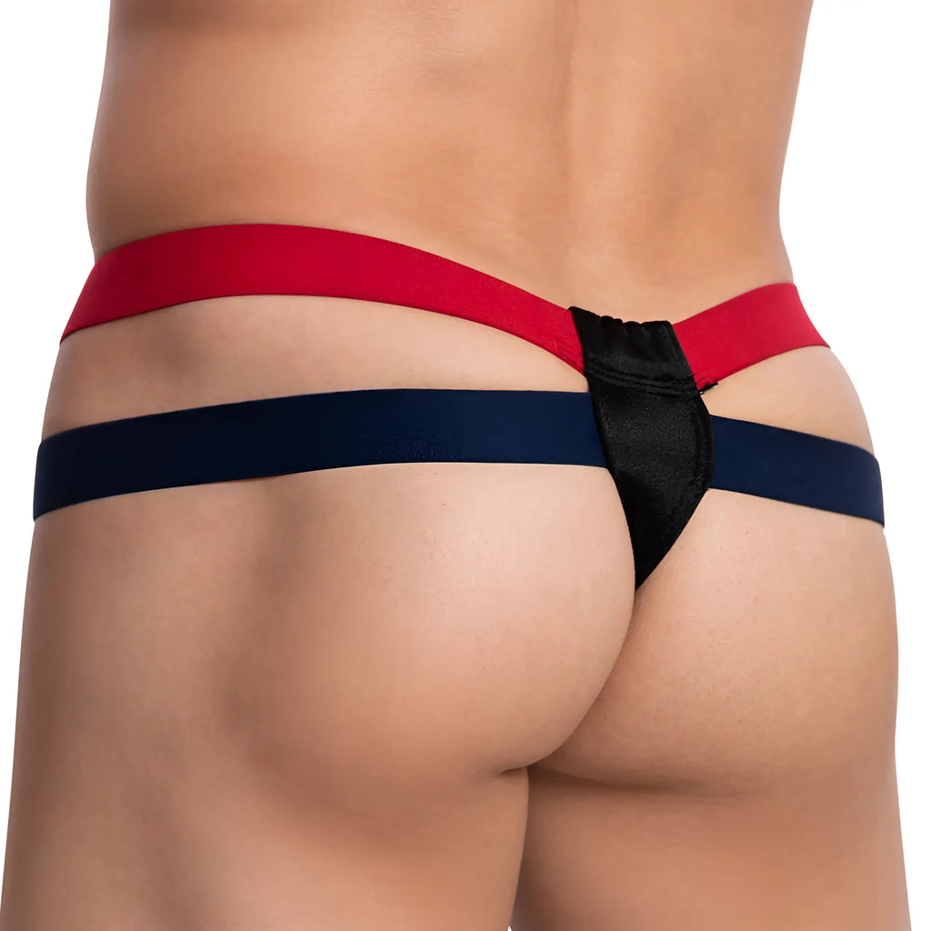 Cover male cmk068 thong with red and navy blue sides and a black central panel showing the front side