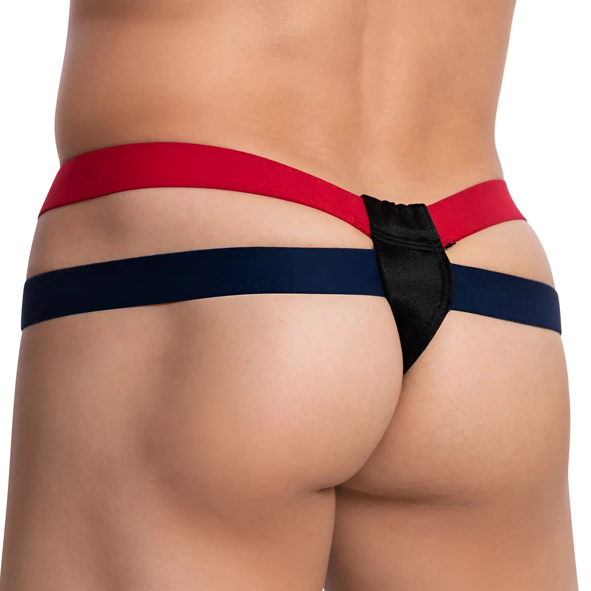 Cover male cmk068 thong with red and navy blue sides and a black central panel showing the front side