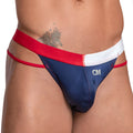 Cover male cmk072 thong blue denim style briefs with red and white trim and cm logo on the front