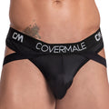 Black covermale cmk073 thong briefs with satin finish and contrasting white logo on the waistband