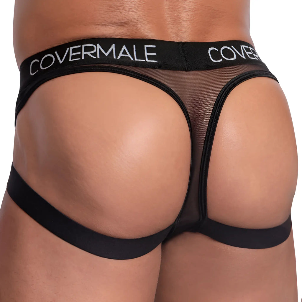 Black mesh Cover Male CMK073 thong with solid elastic waistband featuring the Cover Male brand name in white lettering