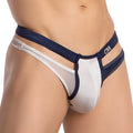 Navy blue and white mesh Cover Male CMK078 thong with solid navy waistband featuring the cm logo front view