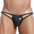 Black cm brand thong g-string with sleek satin finish and thin intersecting straps from cover male cml004 collection