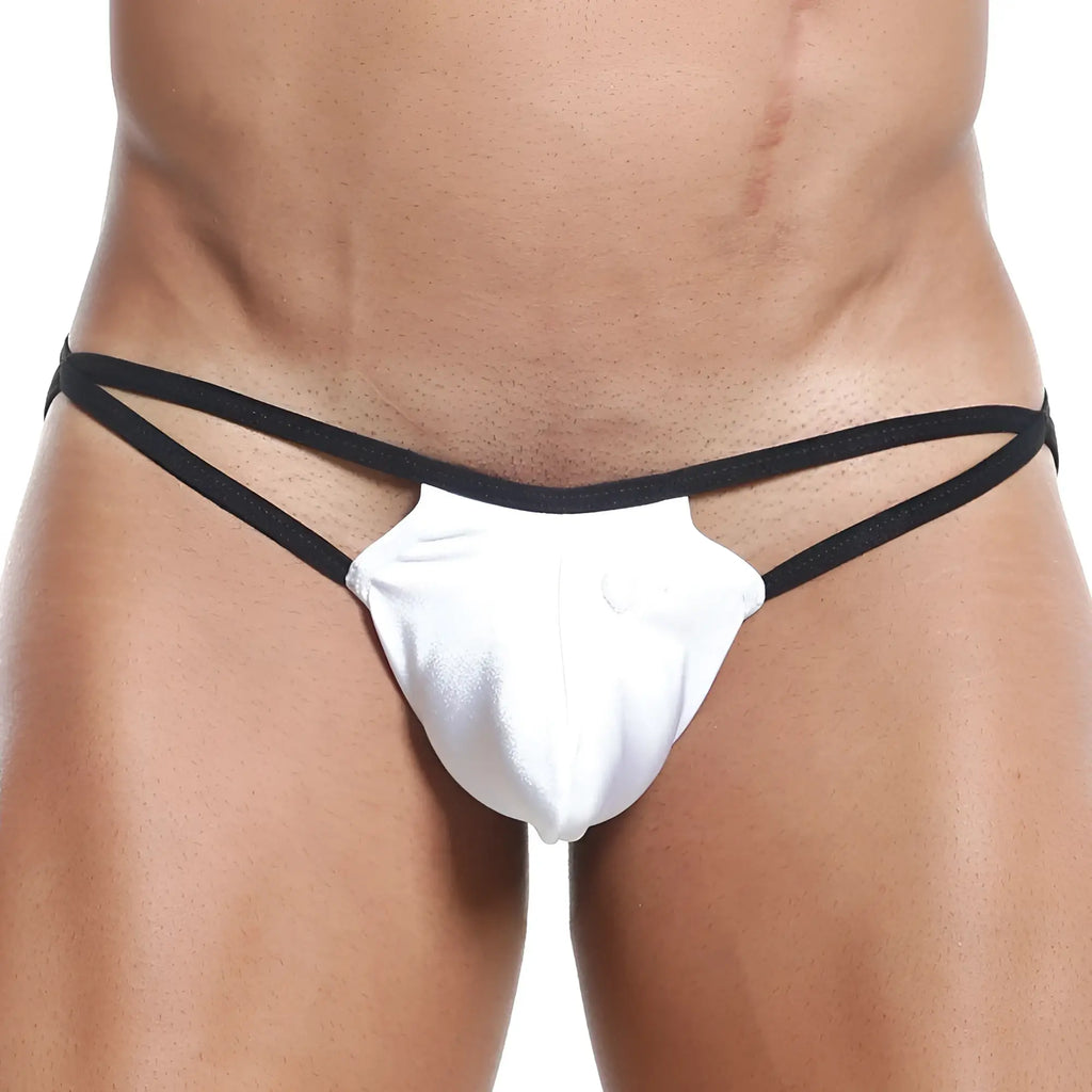 White and black cover male cml004 g-string thong with sleek minimalist design showing the back side