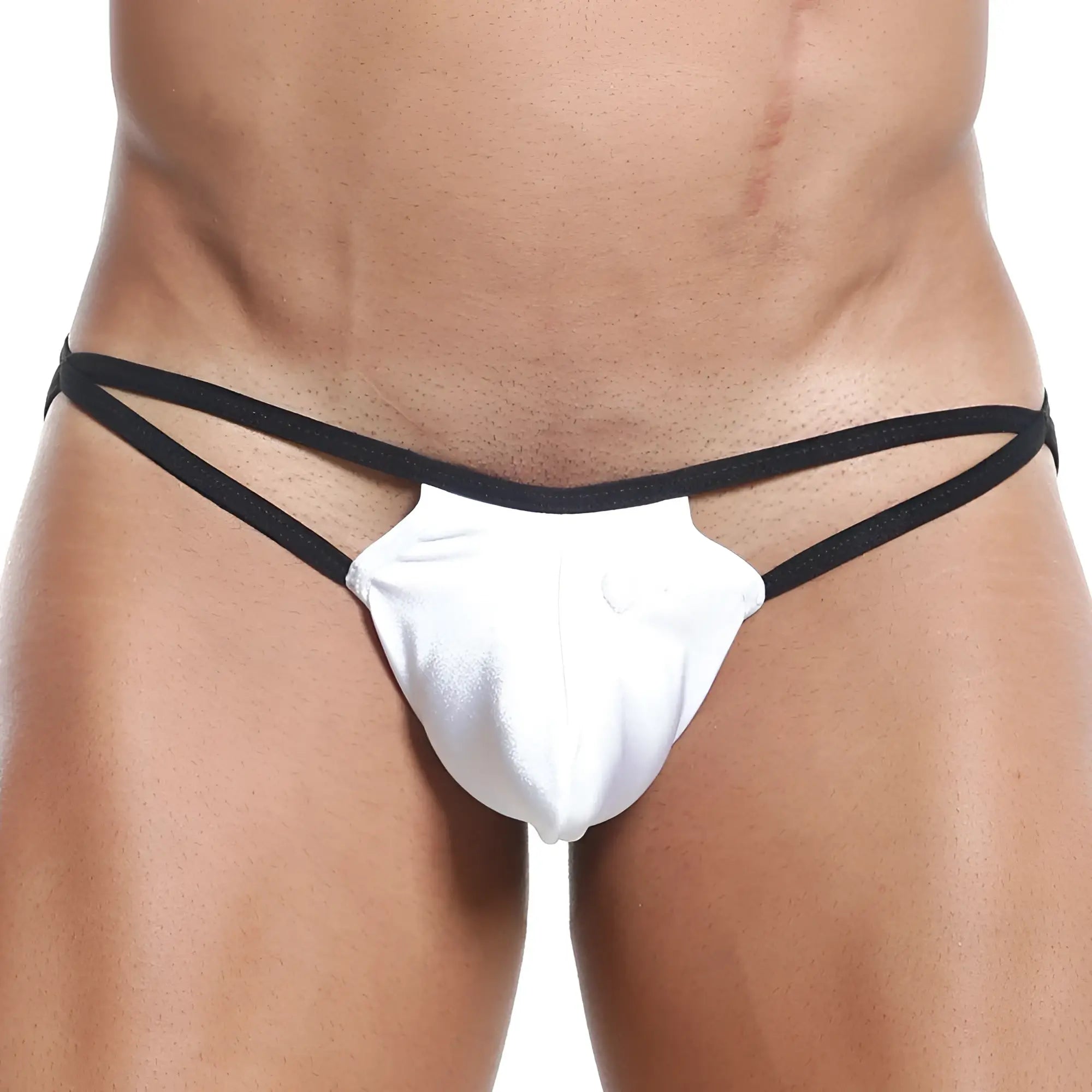 White and black cover male cml004 g-string thong with sleek minimalist design showing the back side