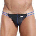Cover male CML005 black thong with blue trim and matching side straps showing the front view