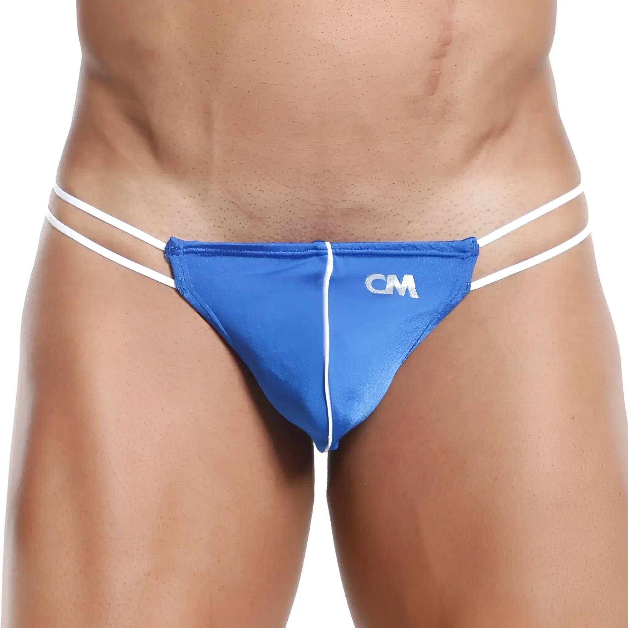 Blue cm brand cover male cml005 g-string thong with white trim and double straps showing front side