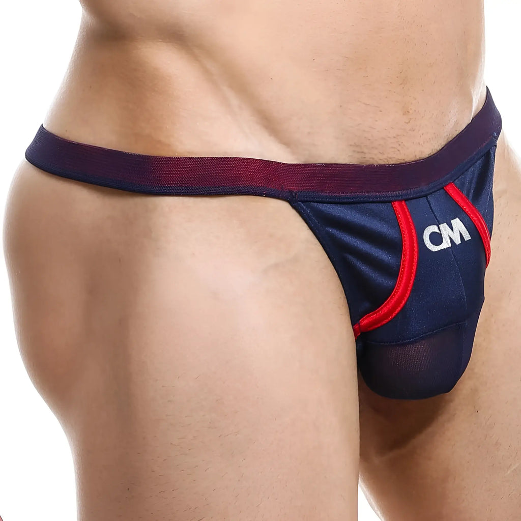 Navy blue and red mesh Cover Male CML016 G-string briefs with a white cm logo on the front
