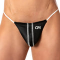 Black cm brand thong g-string with white trim and stitching showing back side for men by cover male