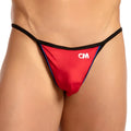 Cover male cml021 g-string thong in red and black with blue trim featuring a white cm logo on the front
