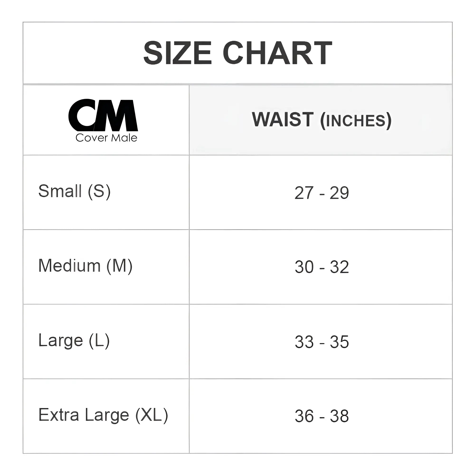 Cover male cml024 g-string size chart showing waist measurements in inches for accurate fit guidance