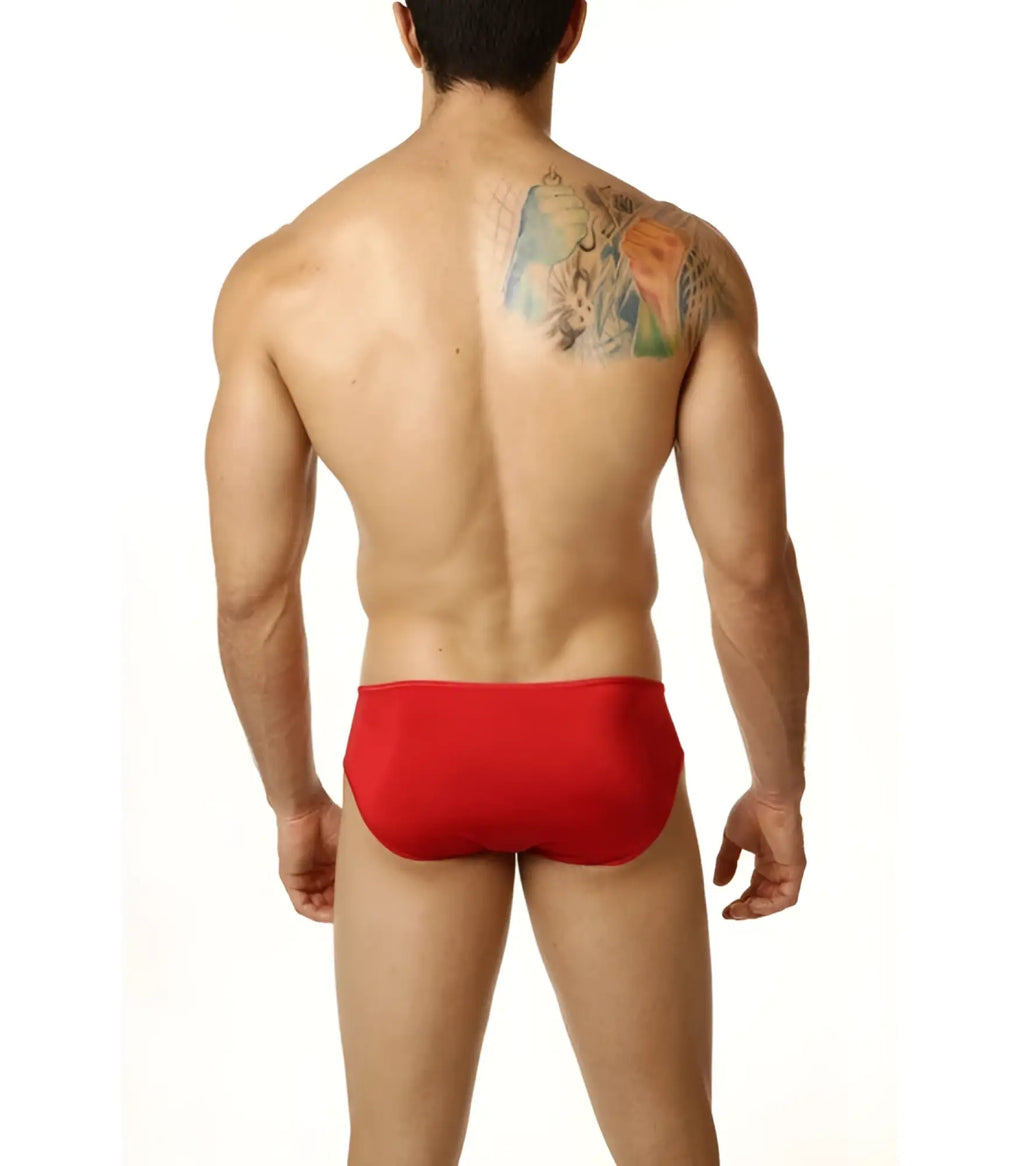 Red sheer pouch bikini briefs in size small designed for comfort and style in vibrant red color