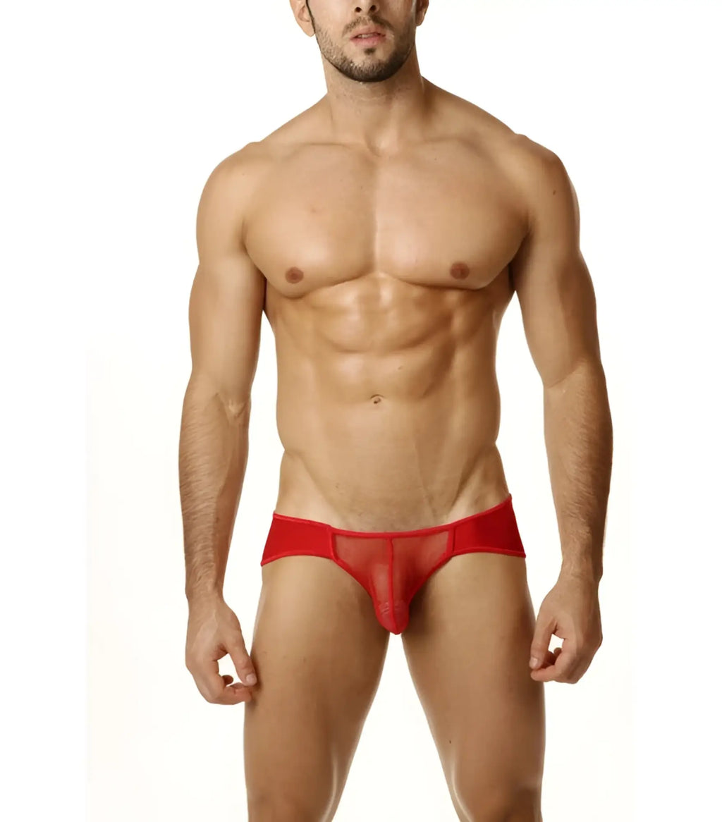 Cover male sheer pouch bikini underwear in red with red mesh fabric and solid red waistband size s