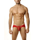 Cover male sheer pouch bikini underwear in red with red mesh fabric and solid red waistband size s