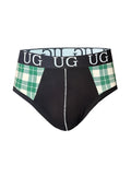 Cozy comfort pouch brief in black with green and white plaid side panels and a black waistband embroidered with ug