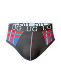 Cozy comfort pouch brief black briefs with red blue and green plaid sides and black waistband with white ug branding