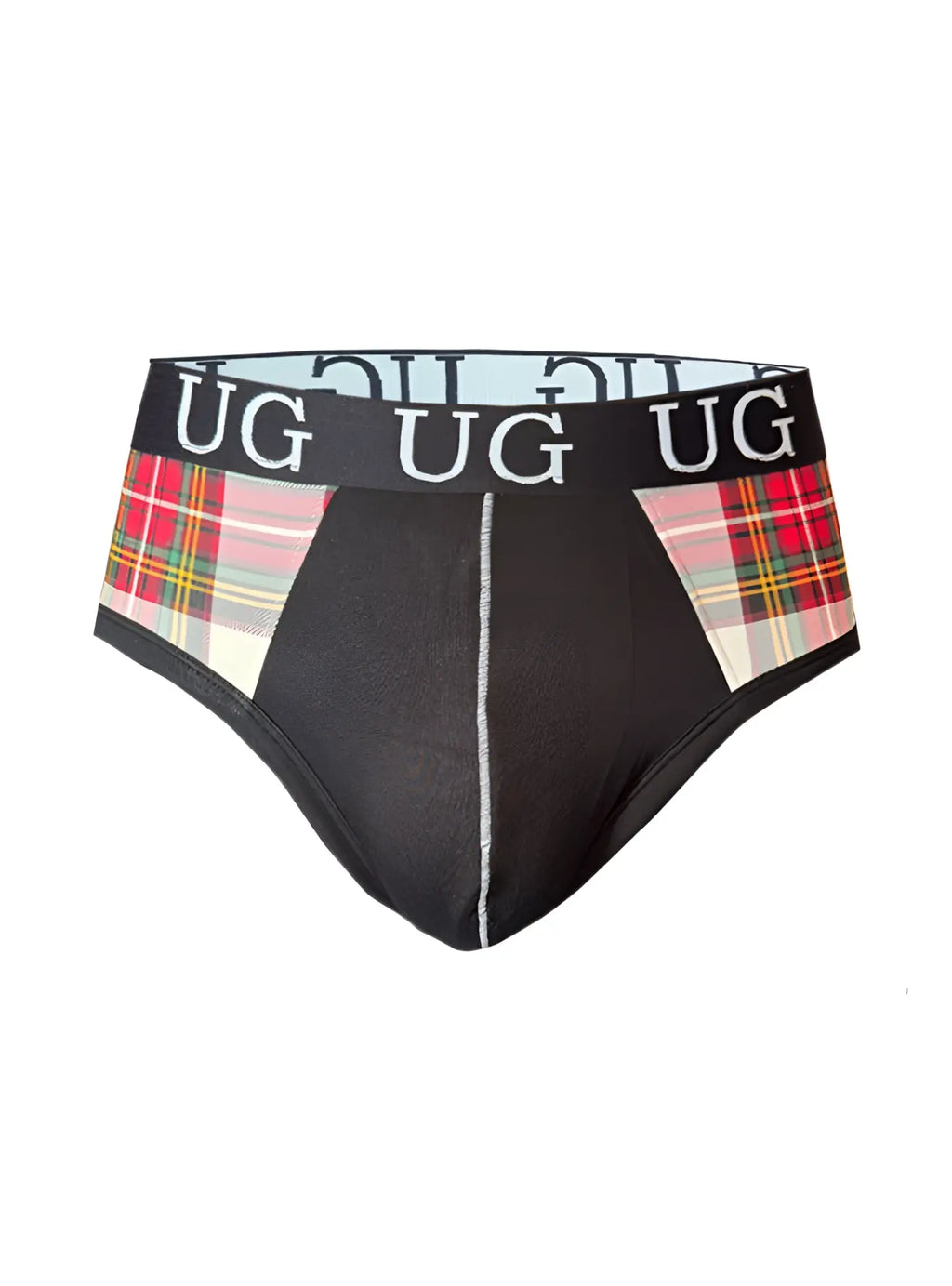 Cozy comfort pouch brief in black with red green white plaid side panels and black waistband with ug branding in white