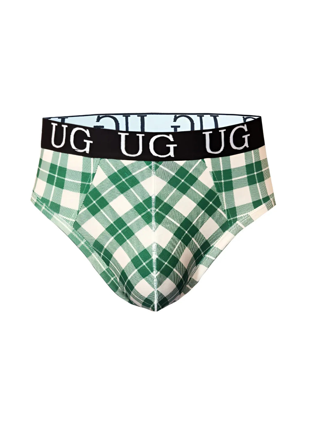 Cozy country style plaids fit brief in green and white plaid with a black waistband featuring the ug logo