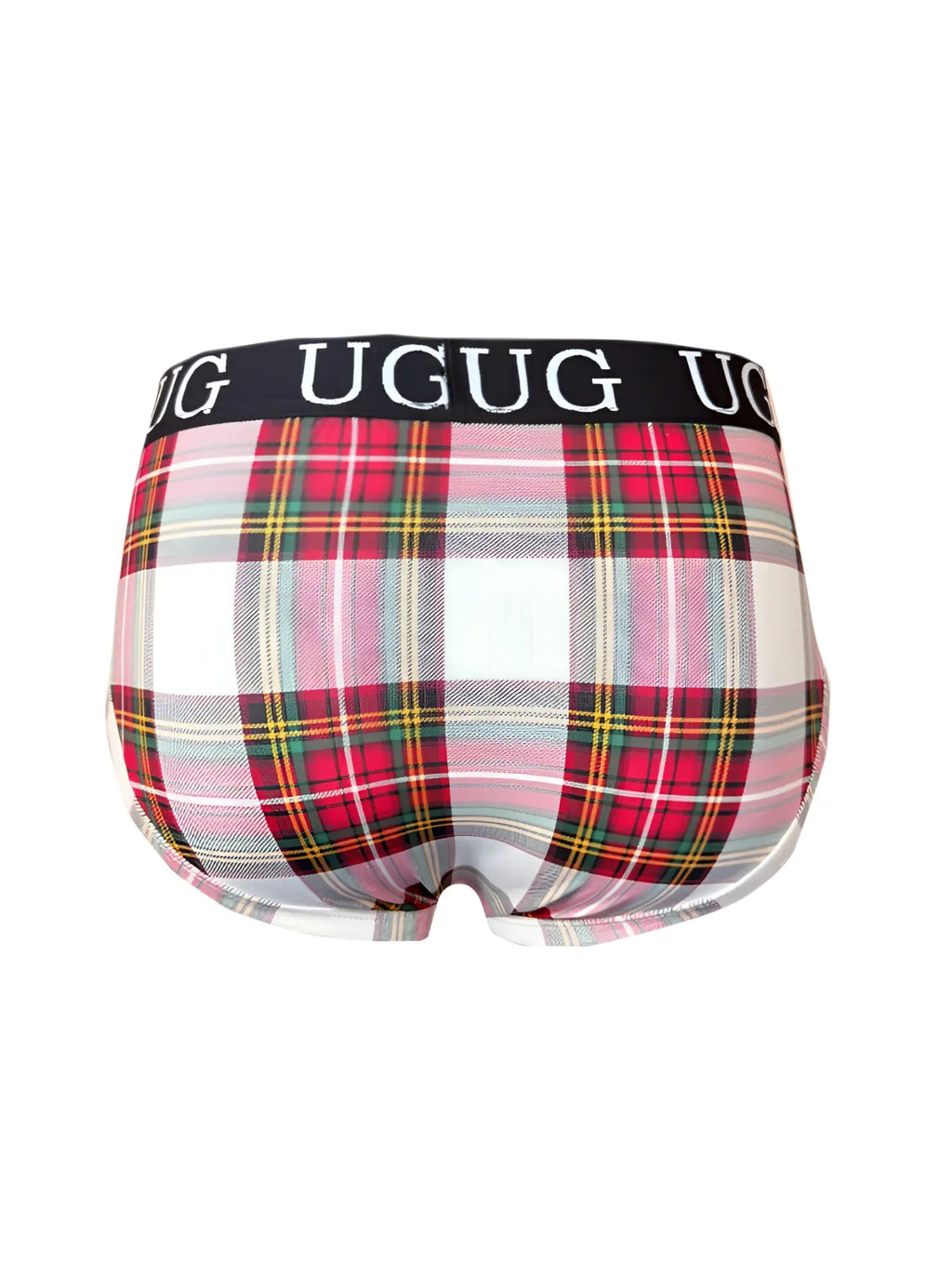 Cozy country style plaids fit brief with pink white red and green plaid pattern and black waistband featuring ugug logo