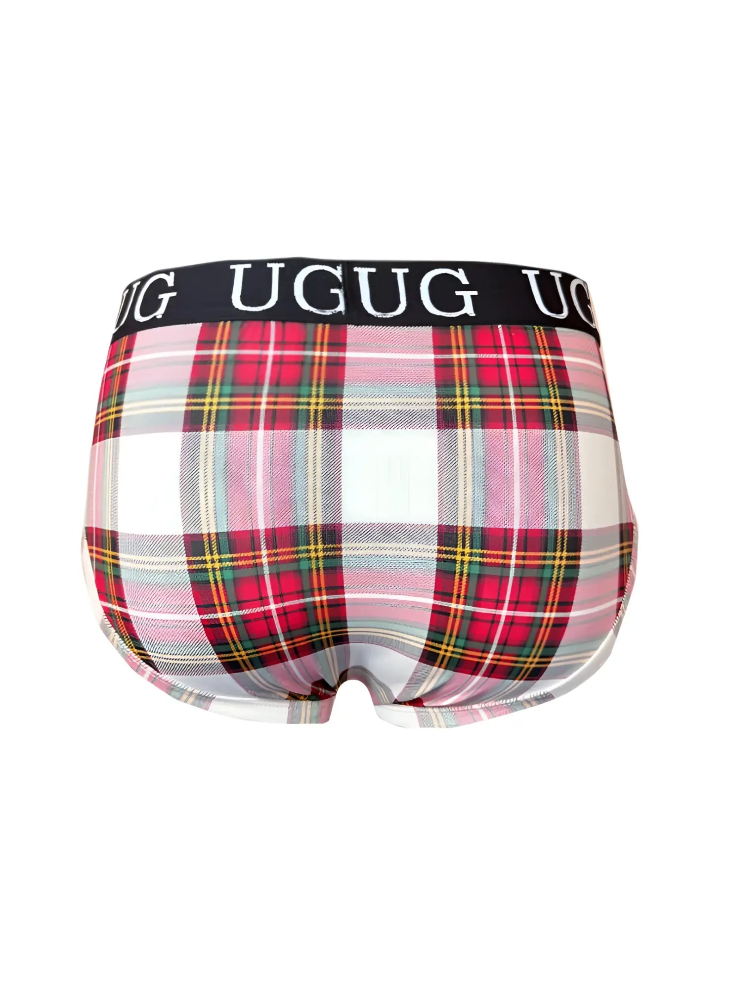 Cozy country style plaids fit brief with pink white red and green plaid pattern and black waistband featuring ugug logo