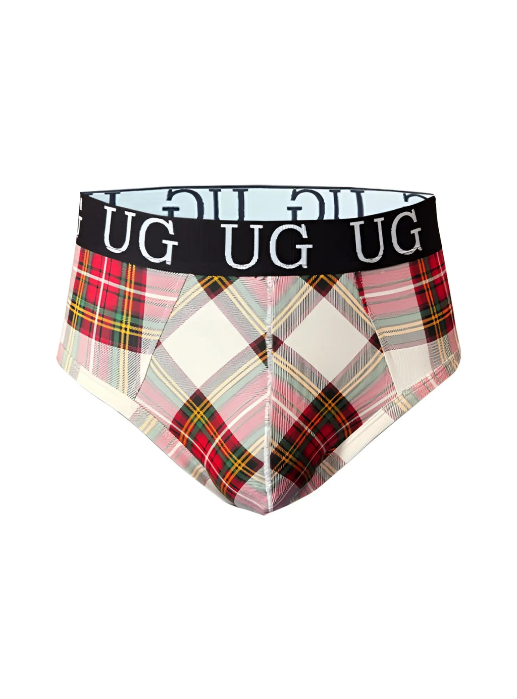 Cozy country style plaids fit brief in plaid pattern with black waistband and white ug branding on the front side