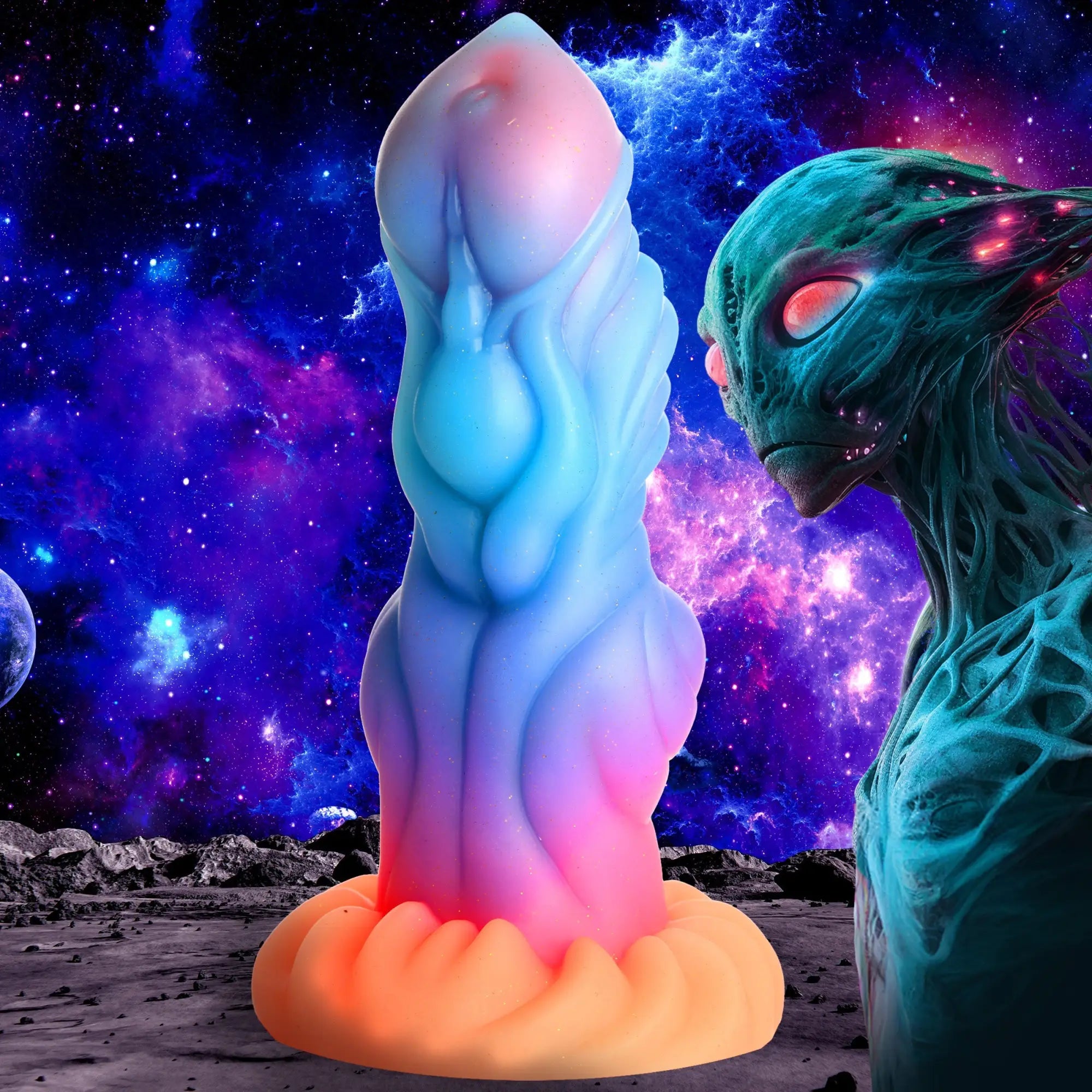 Creature Cocks Alien Invader glow-in-the-dark silicone dildo with pink and blue gradient, set against a space background.