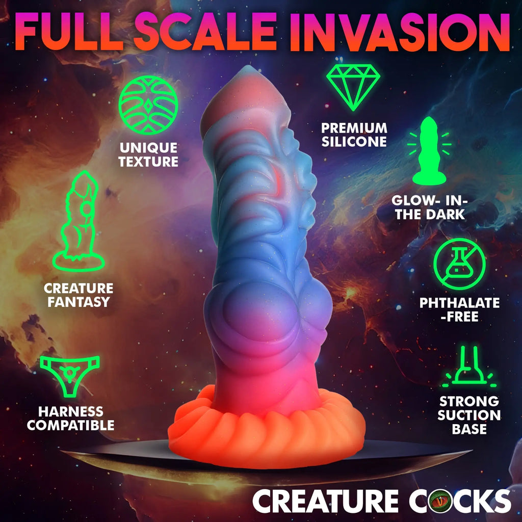 Creature Cocks Alien Invader glow-in-the-dark silicone dildo with alien-like texture in a blue-to-pink gradient.