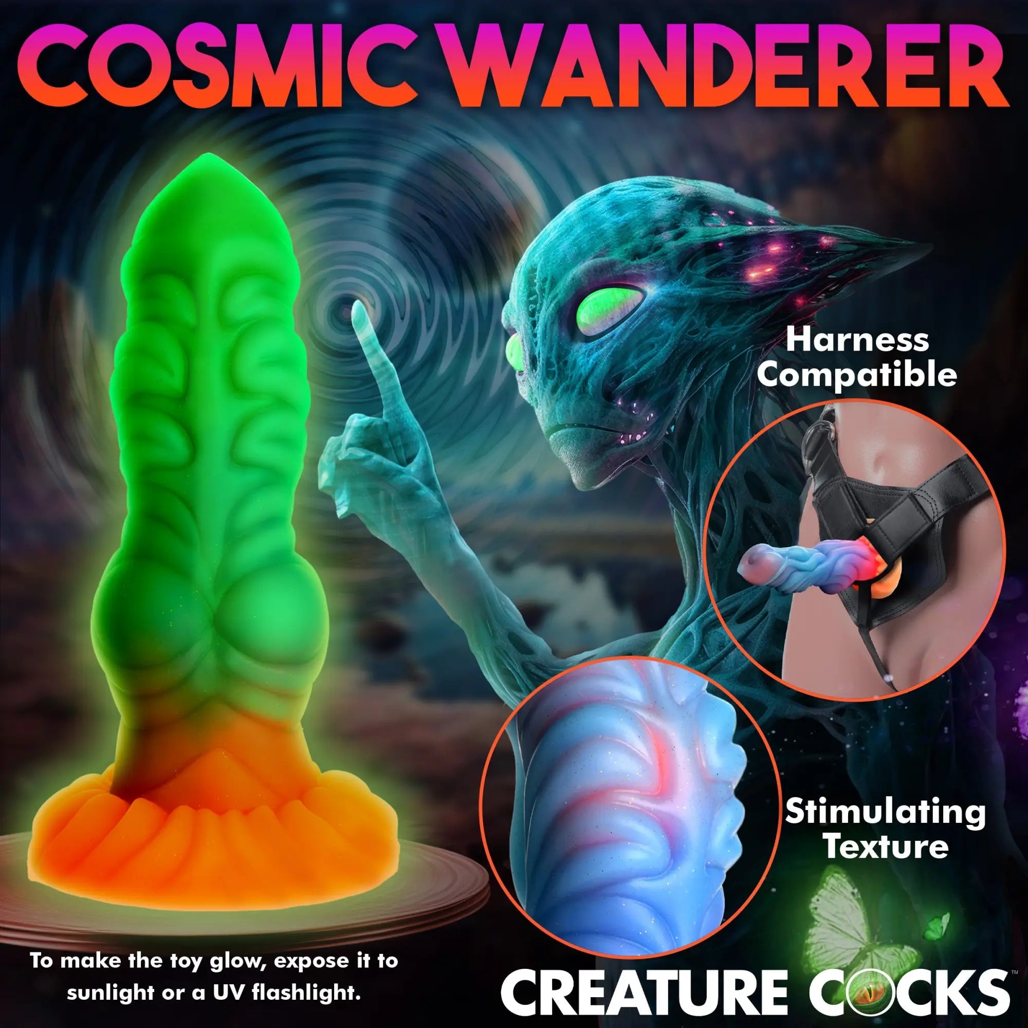 Creature Cocks Alien Invader glow-in-the-dark silicone dildo with textured, fantasy-inspired design and harness compatibility.